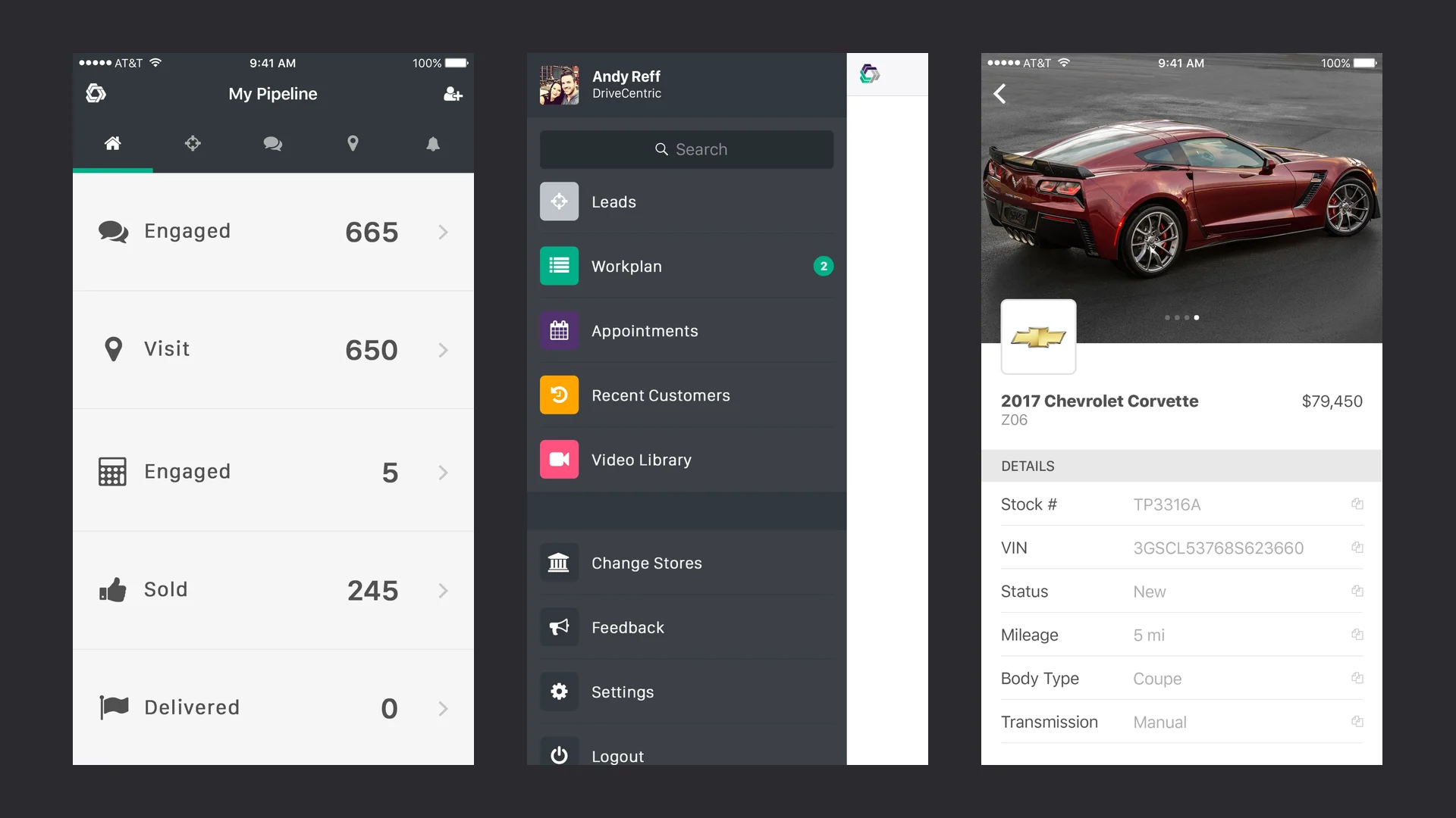 Three screens of the DriveCentric iOS app: My Pipeline as a list of stages with counts, the navigation drawer with Leads, Workplan, Appointments, Recent Customers and Video Library, and a vehicle detail with its photos, price, stock number and VIN.