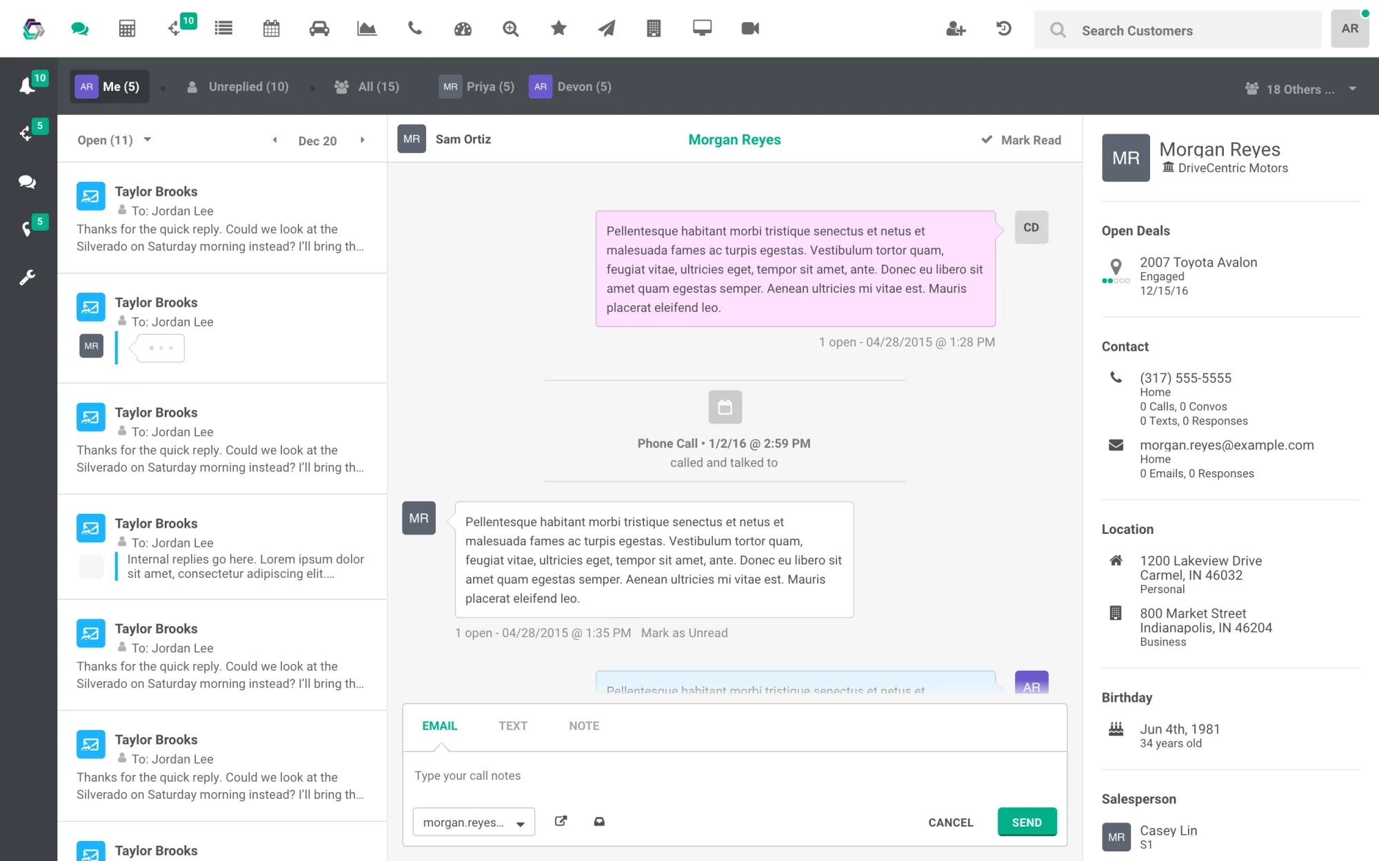 The Conversation screen: a list of open threads on the left, one thread in the middle with email, text and phone-call entries in order, and the customer’s deal, contact details, address, birthday and salesperson on the right.