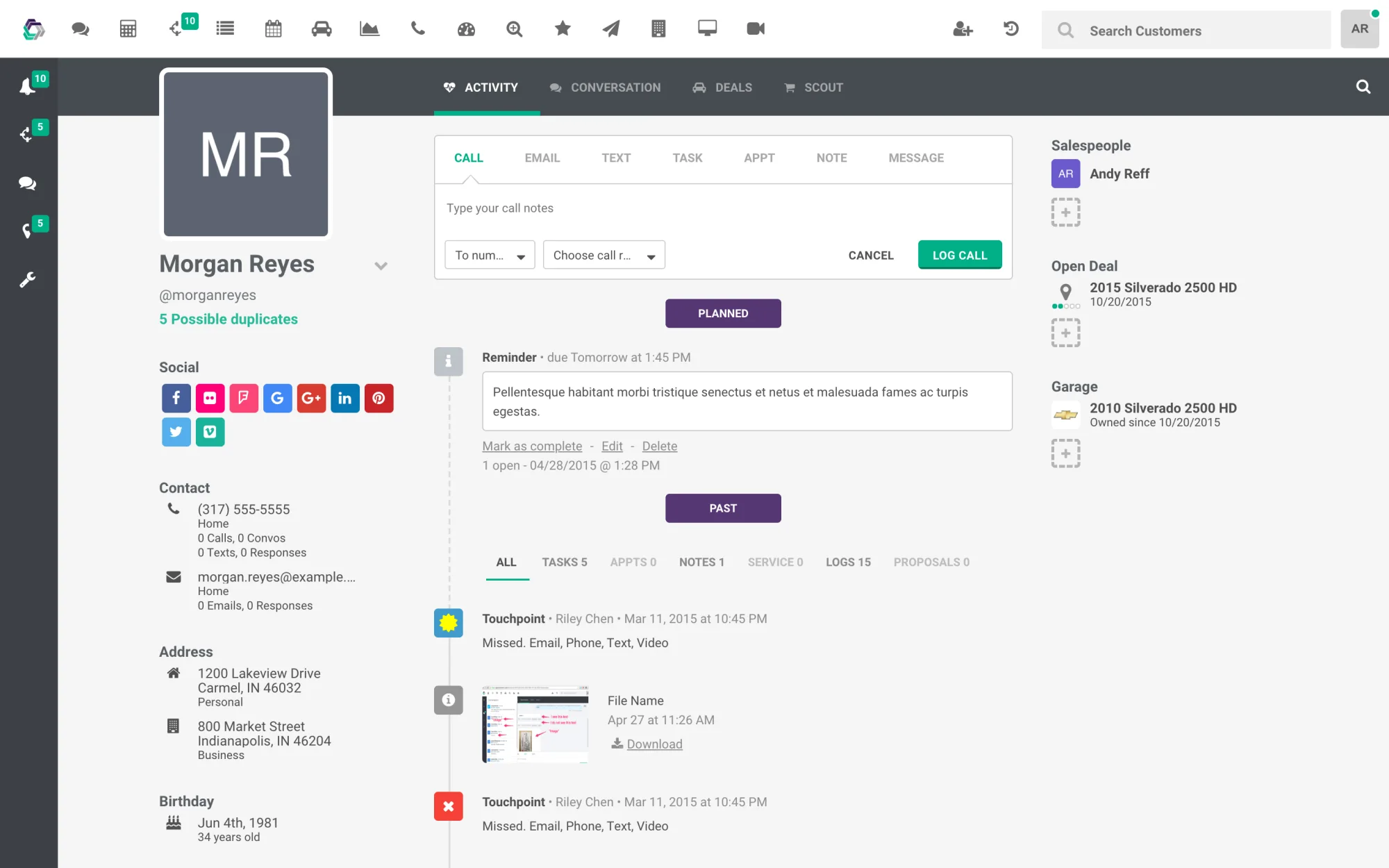 The customer profile: identity, social links, contact and address on the left; an activity timeline in the middle with planned and past touchpoints and a call-logging box; salespeople, the open deal and the garage on the right.