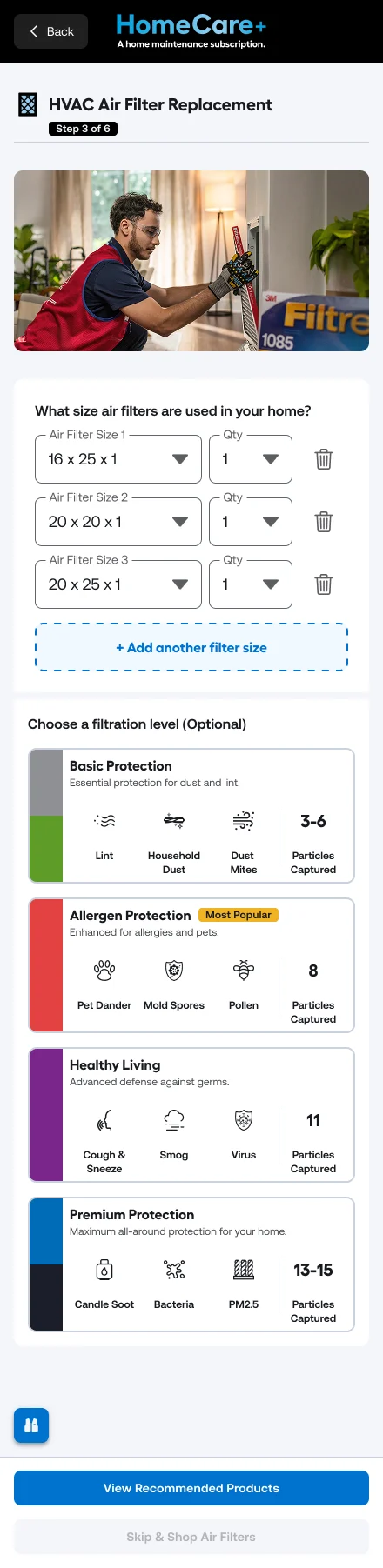 HomeCare+ enrollment on a phone: HVAC Air Filter Replacement, step 3 of 6, with a photograph of a Lowe’s associate fitting a filter, then a question about the filter sizes used in the home.