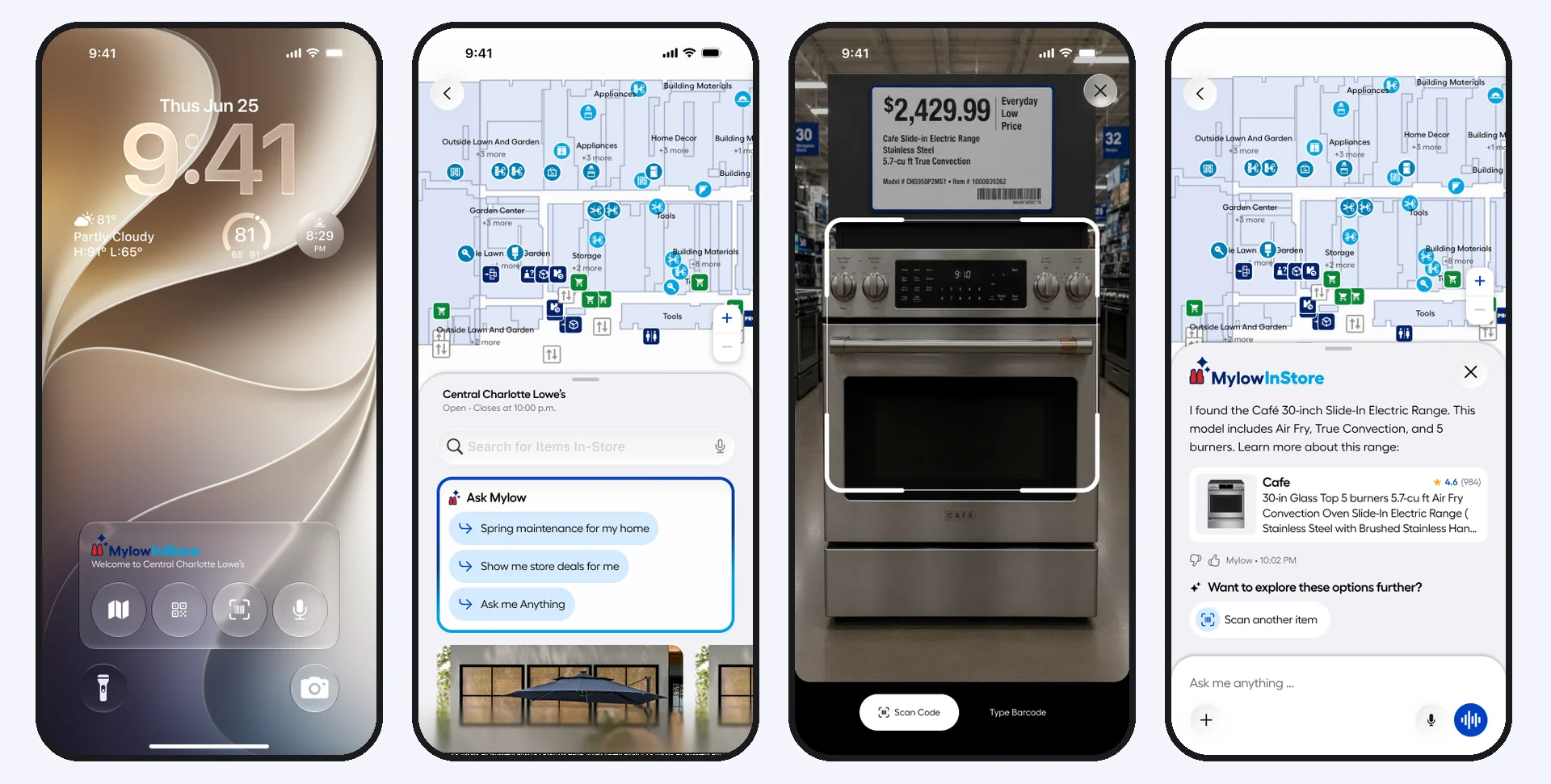 Four phone screens of Mylow In Store: a lock-screen card that welcomes the customer to their store with the map, a code, the scanner and voice; the store map with three Ask Mylow prompts; the camera over a range’s price tag; and the scan’s answer, the range with its rating, and “Scan another item”.
