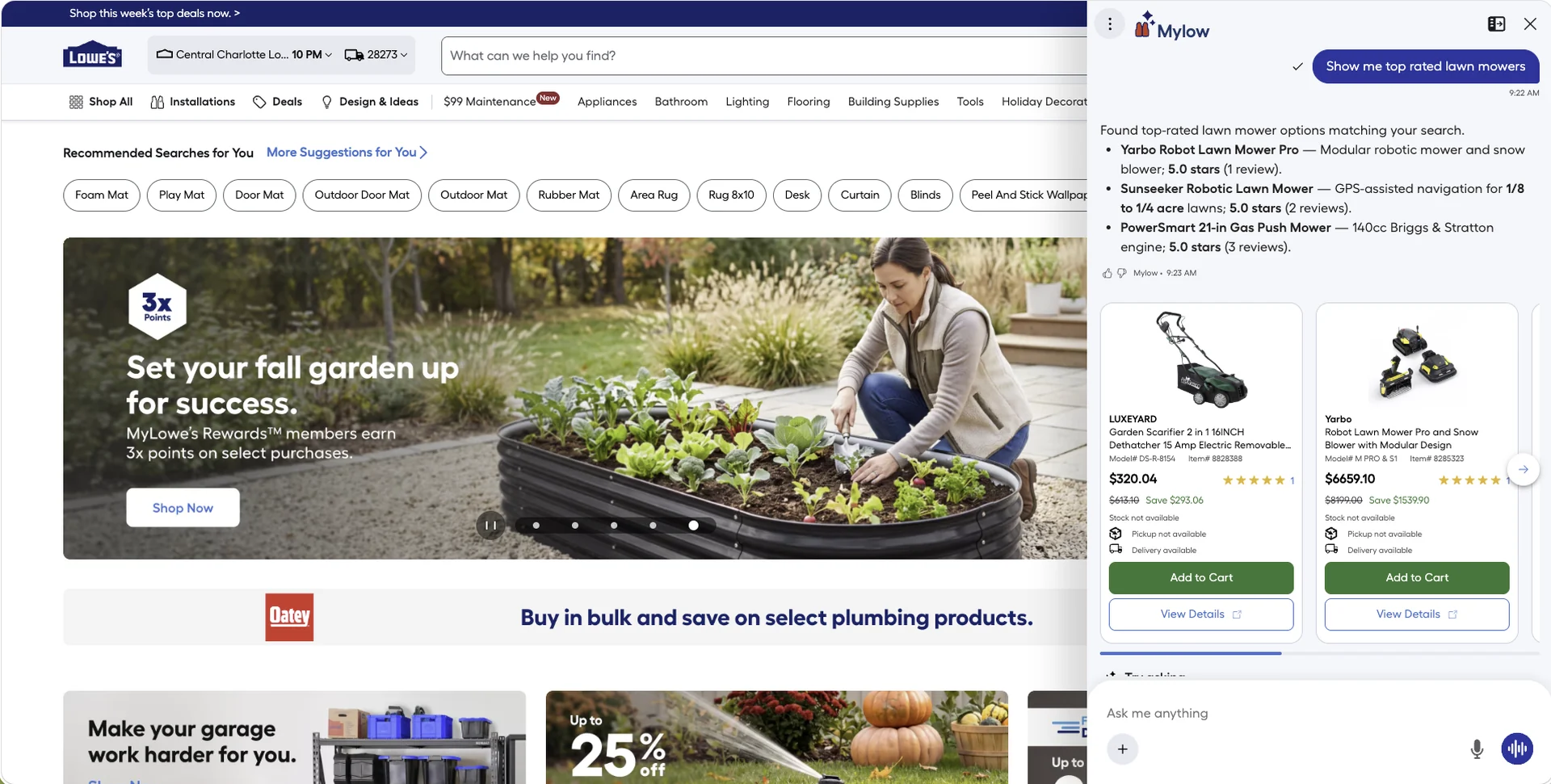 Mylow’s reply: three top-rated lawn mowers, each named with what it is and its star rating and review count, then product cards with price, savings, stock, pickup and delivery, an Add to Cart button and a View Details link. A voice button glows in the composer.