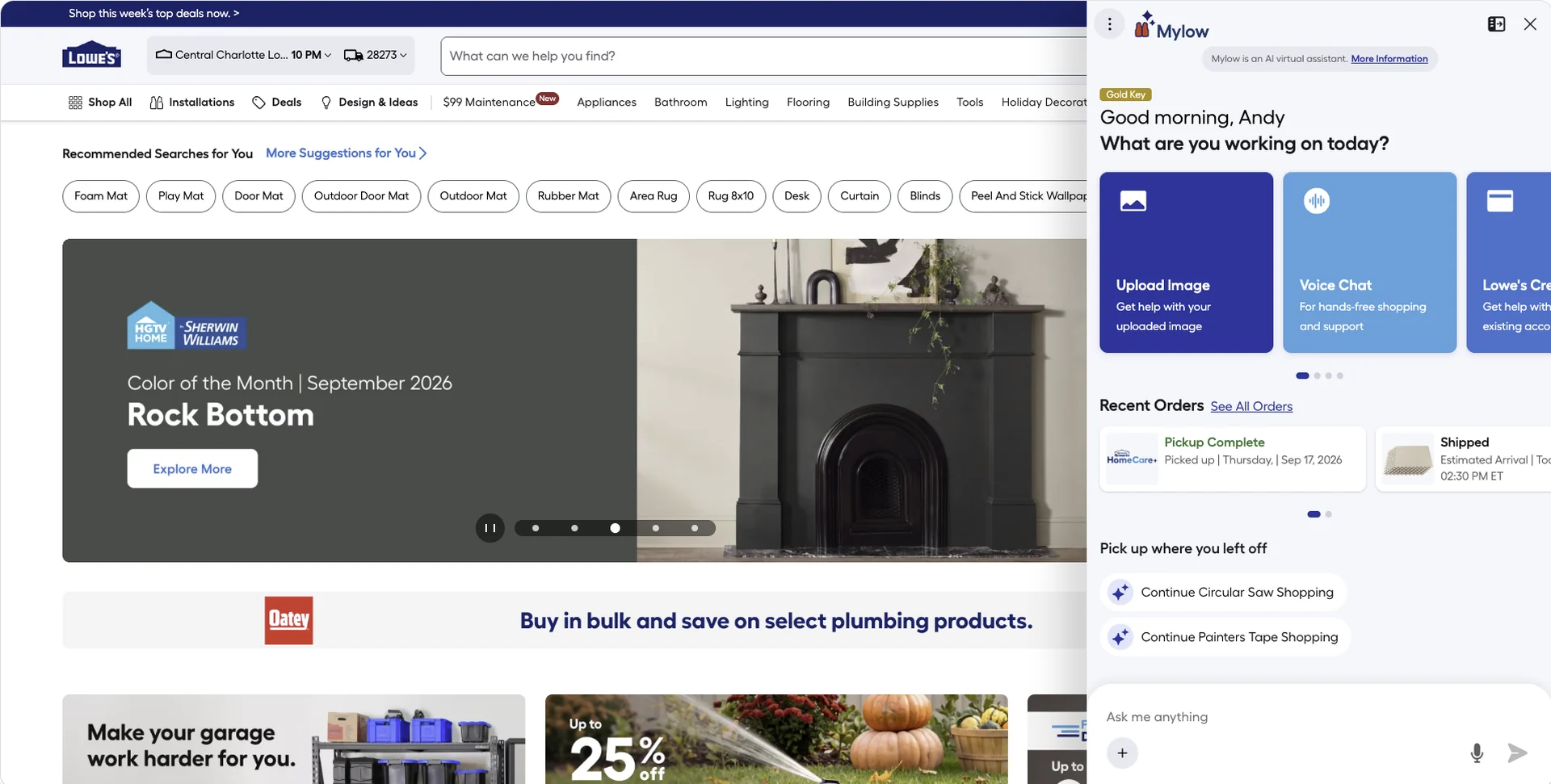 Lowes.com with the Mylow panel open on the right. “Good morning, Andy. What are you working on today?” Under it, three ways in: Upload Image, Voice Chat and Lowe’s Credit; then Recent Orders with a pickup and a shipment; then “Pick up where you left off” with two earlier conversations.